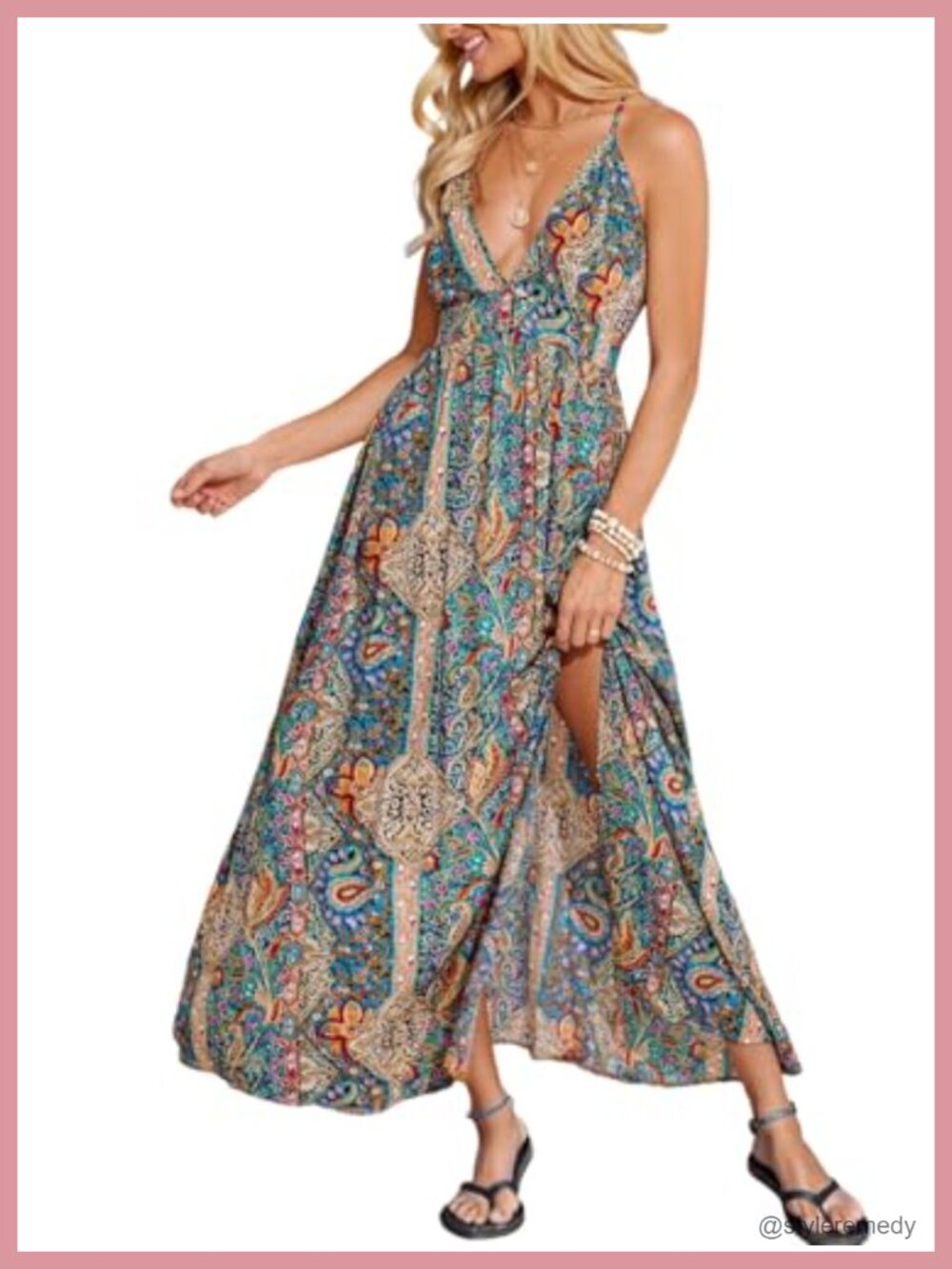 Women's Boho Paisley Deep V-Neck High Slit Maxi Dress Sleeveless Rayon